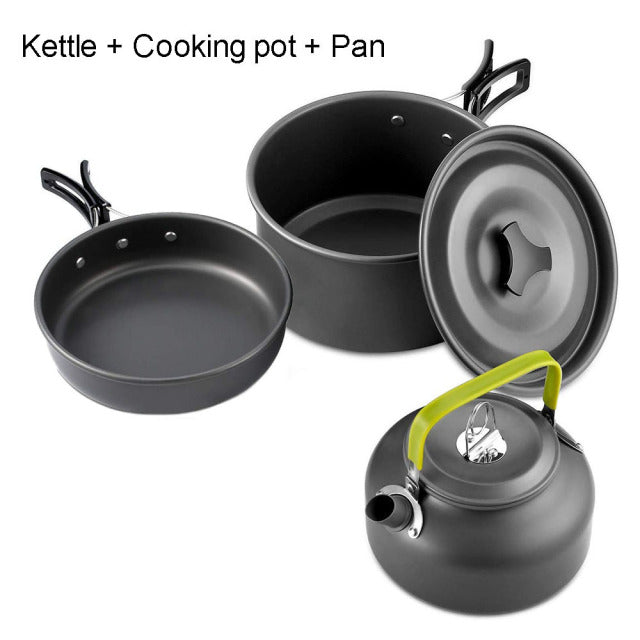 Batterie de cuisine de camping en aluminium antiadhésif, vaisselle d'extérieur portable, bouilloire, poêle, casserole pour la randonnée, pique-nique, barbecue