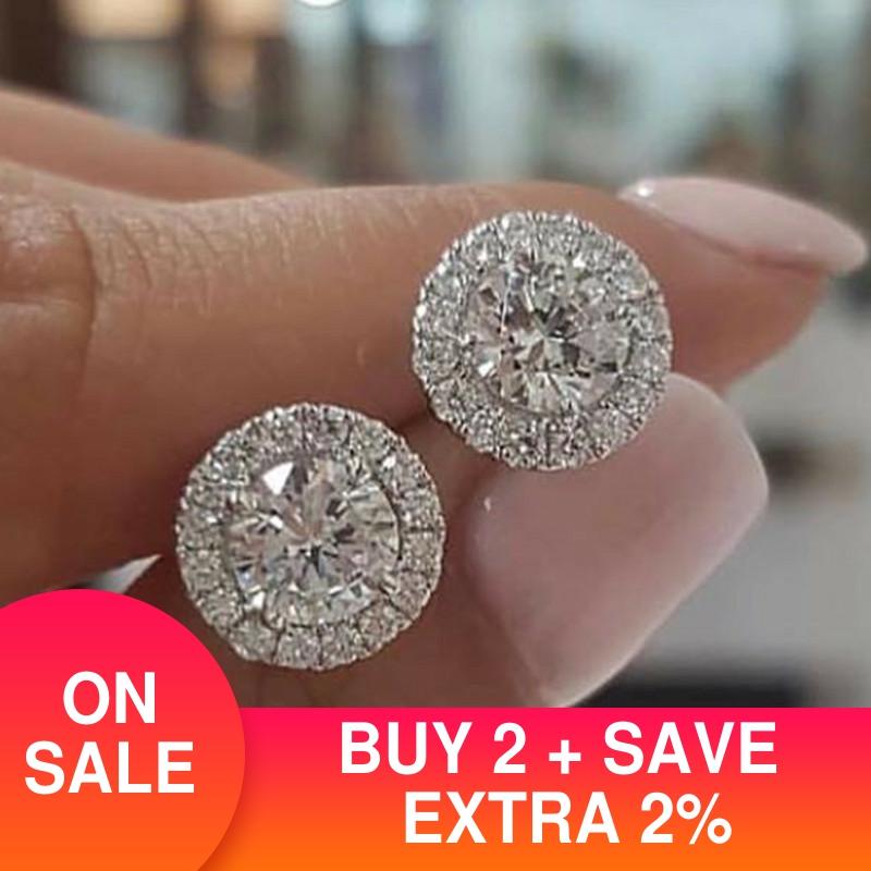 2pcs Pack silver color bride Jewelry Set Halo Engagement Ring Round Stud Earring For Wedding Gift Party Wholesale J5569