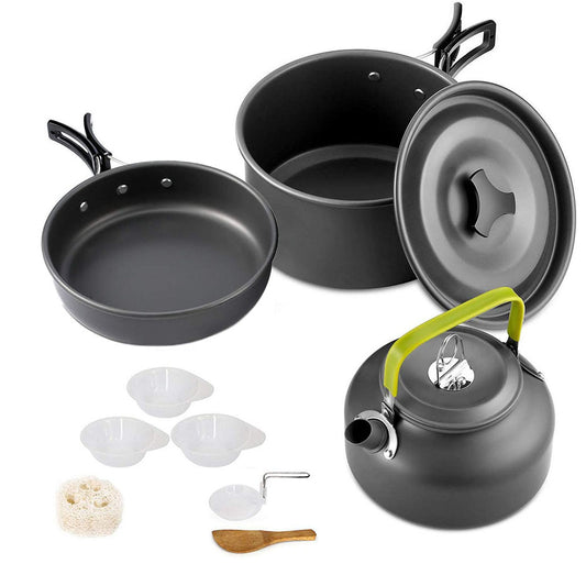 Batterie de cuisine de camping en aluminium antiadhésif, vaisselle d&#39;extérieur portable, bouilloire, poêle, casserole pour la randonnée, pique-nique, barbecue