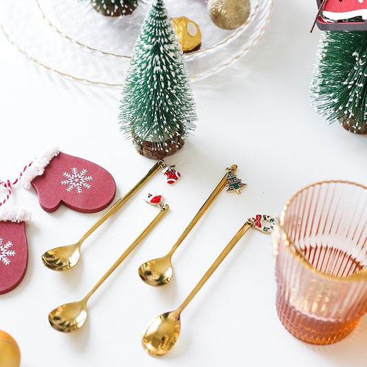 Christmas Decorations Christmas Stainless Spoon New Year 2021 Xmas Party Table Ornaments Coffee Spoon For Home Navidad Noel Gift