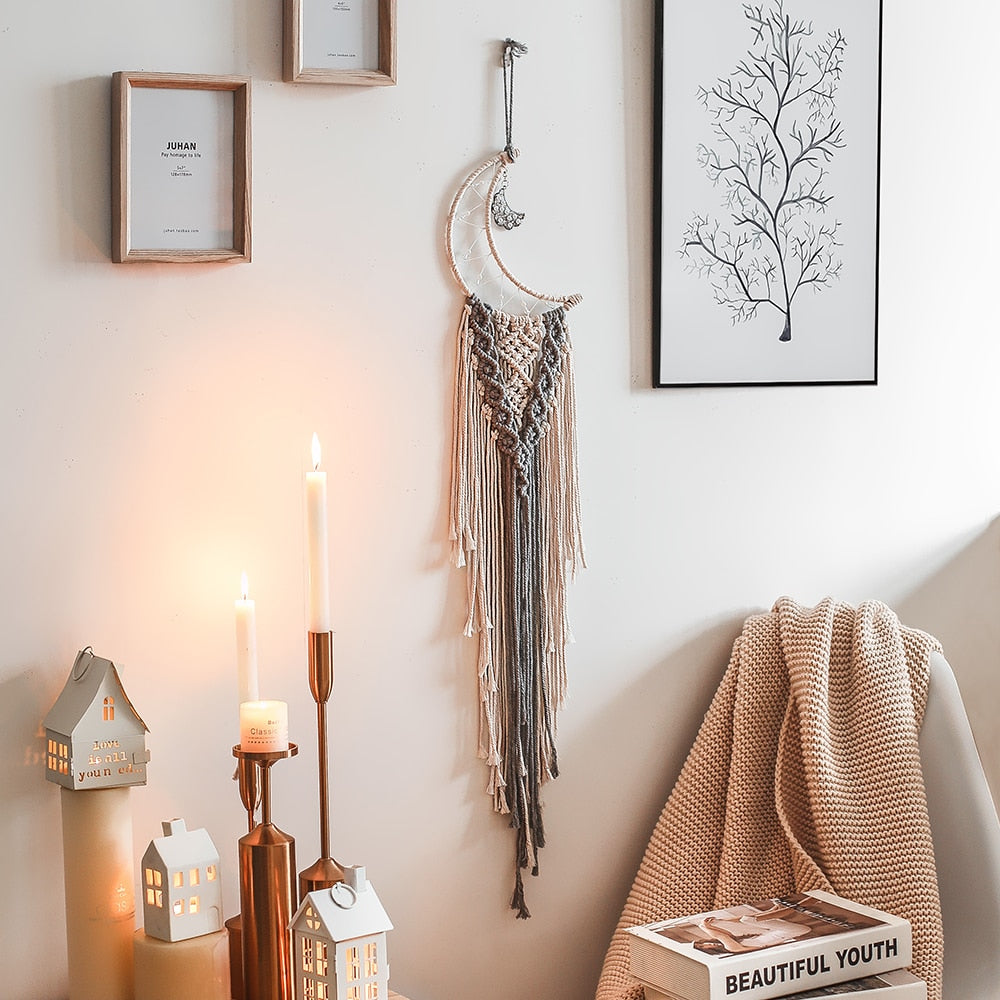 Bohemian Macrame Tapestry Wall Hanging Mandala Moon Dreamcatcher Chic Boho Wall Decor Woven Trippy Tapestry Kids Room Decoration