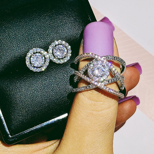 2pcs Pack silver color bride Jewelry Set Halo Engagement Ring Round Stud Earring For Wedding  Gift Party Wholesale J5569