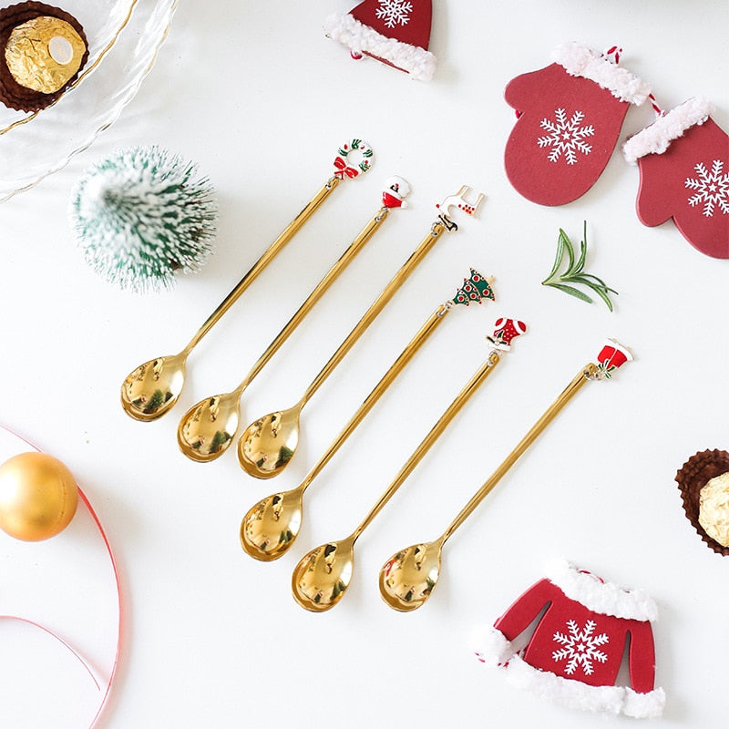 Christmas Decorations Christmas Stainless Spoon New Year 2021 Xmas Party Table Ornaments Coffee Spoon For Home Navidad Noel Gift
