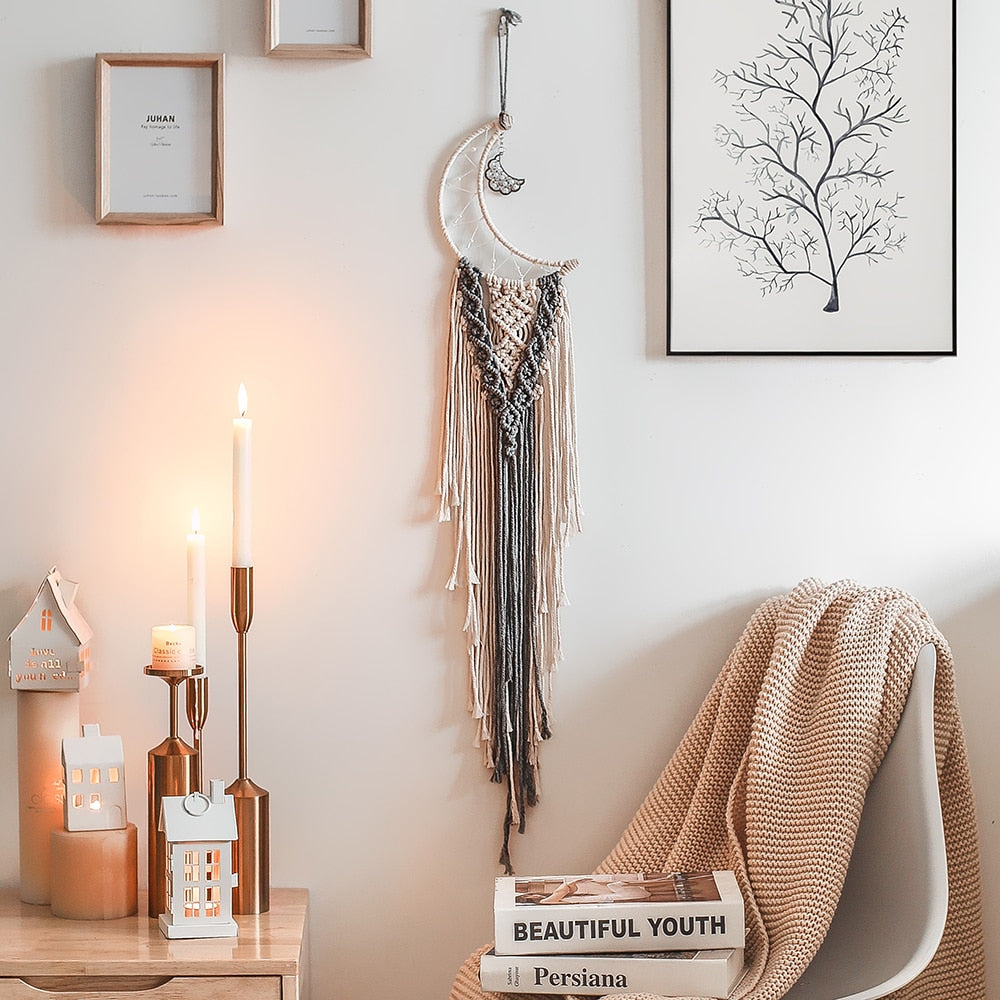 Bohemian Macrame Tapestry Wall Hanging Mandala Moon Dreamcatcher Chic Boho Wall Decor Woven Trippy Tapestry Kids Room Decoration