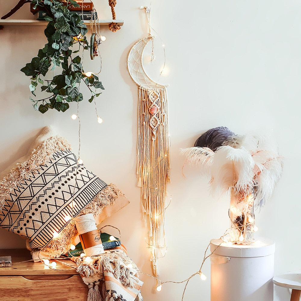 Bohemian Macrame Tapestry Wall Hanging Mandala Moon Dreamcatcher Chic Boho Wall Decor Woven Trippy Tapestry Kids Room Decoration