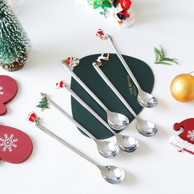 Christmas Decorations Christmas Stainless Spoon New Year 2021 Xmas Party Table Ornaments Coffee Spoon For Home Navidad Noel Gift
